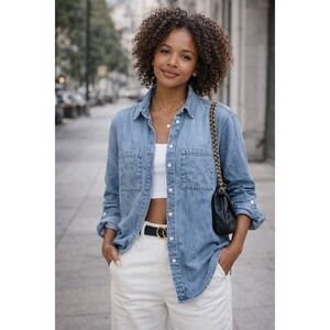 Lola River Womens S Blue Roll Tab Sleeve Tencel Denim Chambray Button Down Shirt